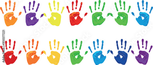 Colorful Handprint Illustration Set with Painted Kids Hand Impressions for Education, Childhood Creativity, Preschool Art Projects, and Playful Design Concepts