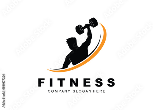 Fitness company logo with silhouette of man lifting dumbbell isolated on white background with swoosh for gym business