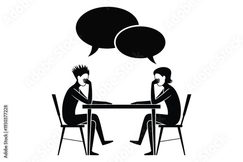 Two people sitting at table with speech bubbles, silhouette of difficult conversation, communication issues, dark background