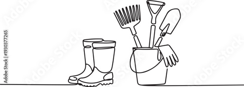 Continuous one line drawing of Rubber boots and Gardener equipment in bucket. Shovel, rake, glove in bucket single outline vector illustration.one line vector icon with out background