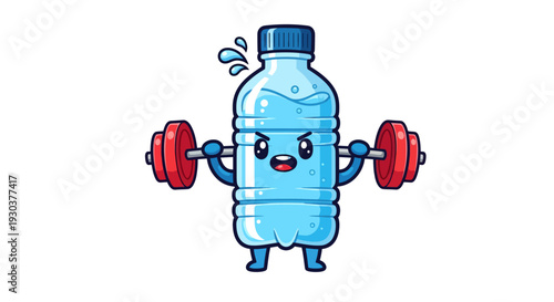 Cute cartoon water bottle mascot lifting heavy barbell, sweating with effort