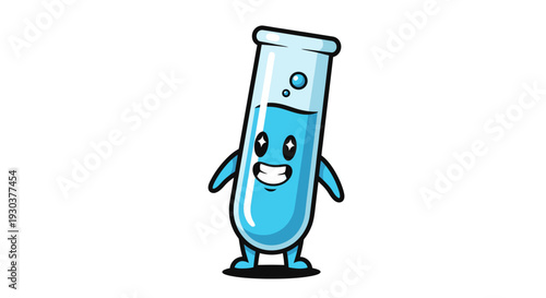 Cute cartoon test tube mascot character with a happy, smiling face and sparkling eyes, filled with blue liquid.