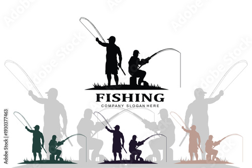 Fishing scene silhouette with fishermen casting rods on river bank