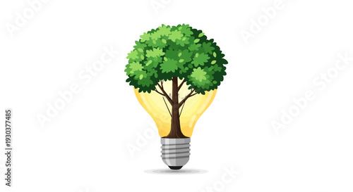 Green tree growing inside a glowing light bulb, symbolizing eco-friendly sustainable energy ideas