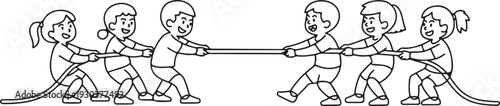 line art of children playing tug of war.group of children playing tug of war one line vector.one line vector icon with out background