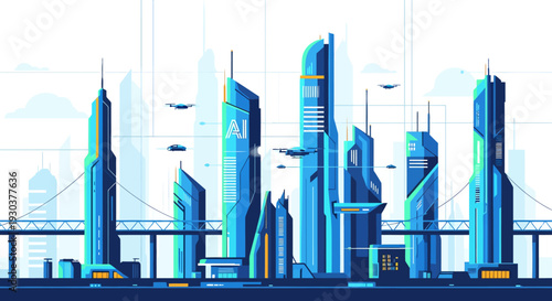 Futuristic cityscape illustration with AI-powered skyscrapers, flying cars, and drones.
