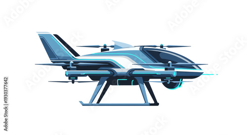 Futuristic autonomous passenger drone with a sleek blue and white design for urban air mobility.