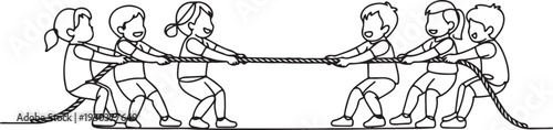 line art of children playing tug of war.group of children playing tug of war one line vector.one line vector icon with out background