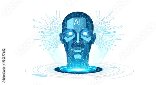 Futuristic AI Robot Head with Glowing Eyes and Circuitry