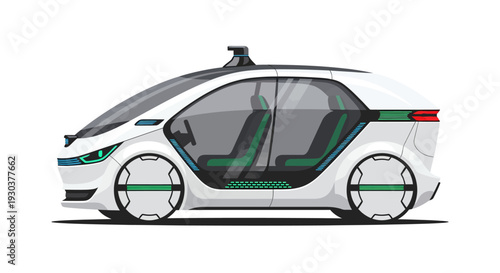 Futuristic Autonomous Electric Vehicle with Sleek Design and Green Interior Accents