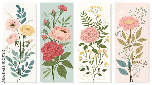 Four panel floral art with roses and leaves on pastel backgrounds for decoration