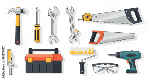 Flat Design Vector Illustration of Essential Construction, Repair, and DIY Tools