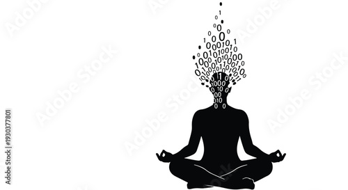 Silhouette meditating person with binary code flowing from head, symbolizing digital consciousness and innovation.