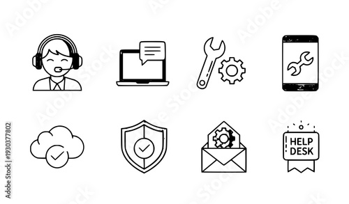 Tech Support Filled Icon Set with Customer Service Help Desk and Technical Assistance Symbols