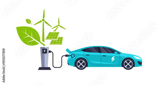Electric car charging at a station powered by renewable energy sources
