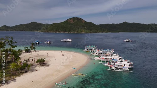Drone aerial view of the amazing Cagdanao Island and beach between Coron and El Nido in the Philippines