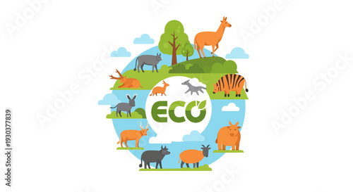 ECO concept illustration with diverse animals and nature on a circular earth, symbolizing environmental protection.