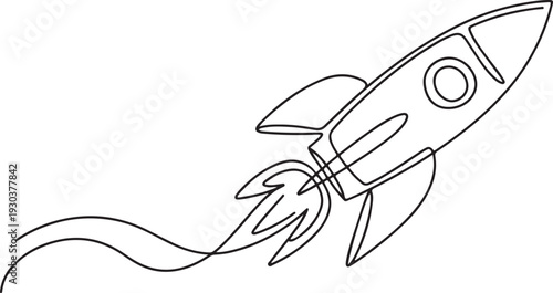 Rocket in Continuous one line drawing. Rocket space ship launch line art vector illustration.one line vector icon with out background