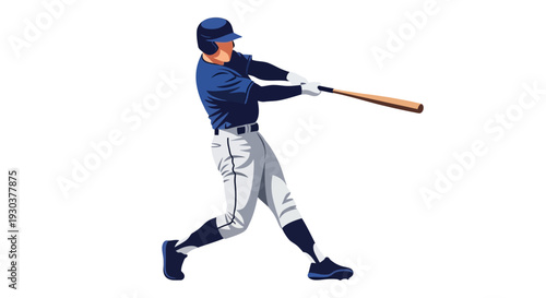 Dynamic Baseball Player in Blue Uniform Swinging Bat, Vector Illustration