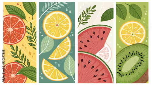 Colorful fruit slices with leaves on vibrant backgrounds for healthy food and nutrition concepts