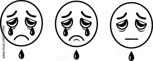 Sad emoji faces with tears set, crying emoticon expressions collection, depressed mood icons for mental health, sadness, grief and emotional concept design
