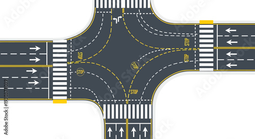 Detailed top-down view of a four-way road intersection with pedestrian crossings and traffic markings