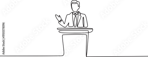 Speaker man speech behind tribune on conference, continuous one line drawing. Orator on podium by leader, businessman, teacher talking.one line vector icon with out background