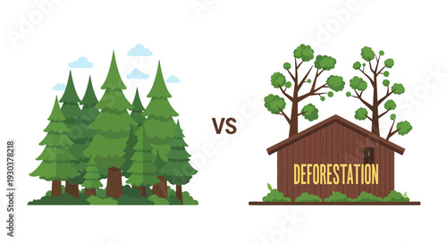 Deforestation Concept: Lush Forest Versus Deforested Land with a Wooden Structure