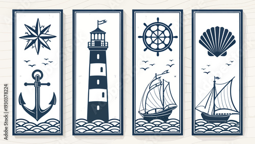 Nautical icons set with anchor lighthouse ship wheel sailboats and seashell on white background