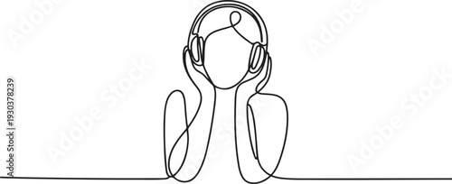 woman listening to great music love concept.continuous single drawn one line. girl woman listens to music with headphones.one line vector icon with out background