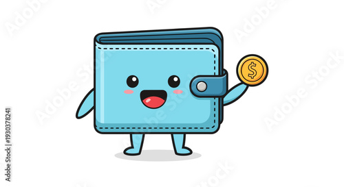 Cute light blue wallet character with a happy face holding a gold dollar coin.