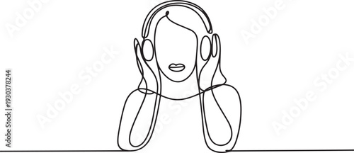 woman listening to great music love concept.continuous single drawn one line. girl woman listens to music with headphones.one line vector icon with out background