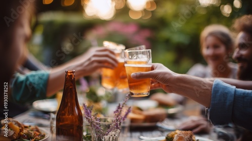 Friends enjoying a warm outdoor evening, clinking glasses of beer in a garden setting, celebrating togetherness and leisure.
