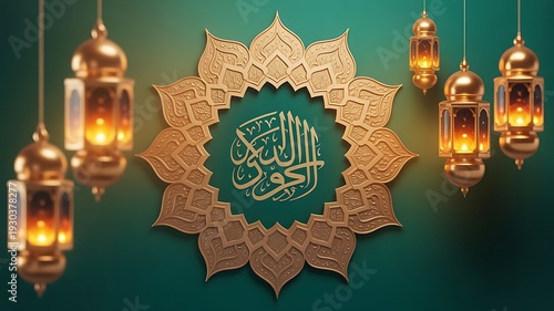 Elegant Eid Mubarak Greeting with Golden Calligraphy and Ornate Islamic Decor