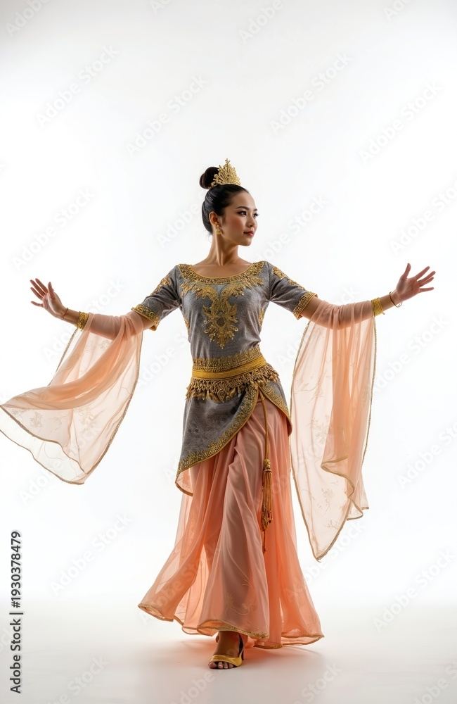 Fototapeta premium Malaysian dancer performs Tarian Zapin in ornate costume. Woman in traditional dress with gold embroidery moves gracefully. Cultural art isolated on white background.