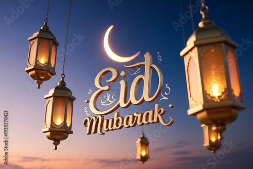 Eid mubarak celebration with illuminated lanterns and a crescent moon design
