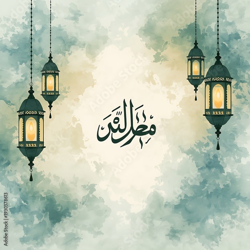 Elegant hanging lanterns with glowing lights and Arabic Calligraphy and Watercolor Background