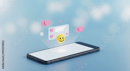 Wallpaper Mural 3D Render of Smartphone with Floating Smiley Face Emoji and Pink Heart Icons for Social Media Engagement and Positive Feedback Concept Torontodigital.ca