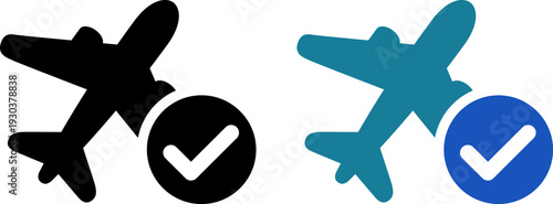 フライト予約完了のアイコン｜飛行機とチェックマークのシンプルなピクトグラム（Flight Booking Confirmed Icon – Airplane with Check Mark Symbol）
