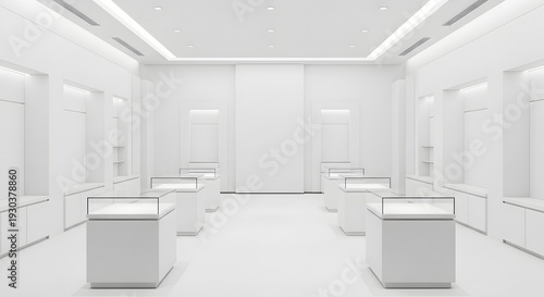 Modern empty retail store interior with white display cases and shelves bright lighting and clean minimalist design ideal for luxury product showcase or brand display