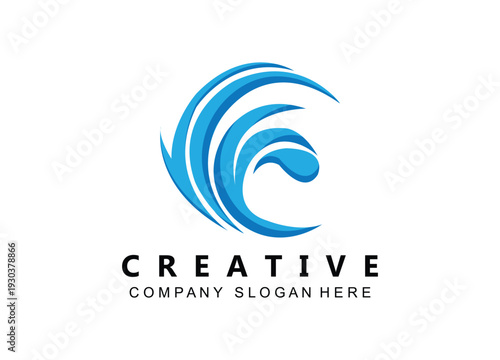 Creative wave circle logo with blue gradient, abstract water splash symbol, modern business icon for company branding, clean energy