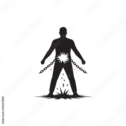 Black silhouette person breaking chains with explosion