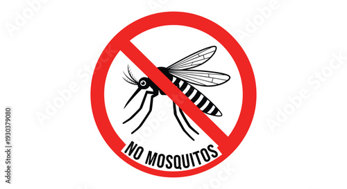 Prohibitory sign featuring a red circle and slash over a black mosquito silhouette to indicate a zone free from biting insects.