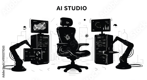 Futuristic AI control room with robotic arms and advanced technology