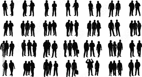 Business people silhouette collection in various standing and conversation poses isolated on white background, corporate team and professional group concept set