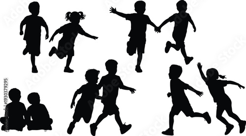 Children playing silhouette collection with running, jumping and sitting poses isolated on white background, active kids friendship and childhood concept