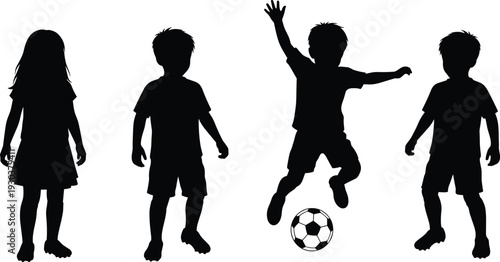 Children soccer player silhouette set isolated on white background, kids playing football and standing poses sports concept illustration