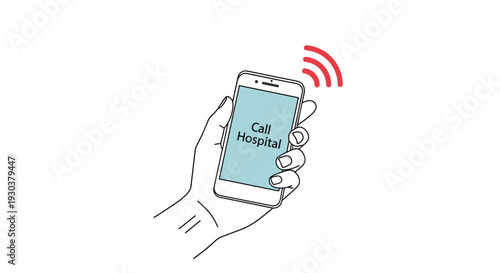 Hand holds a white smartphone with an emergency message reading Call Hospital on the screen against a plain white background.