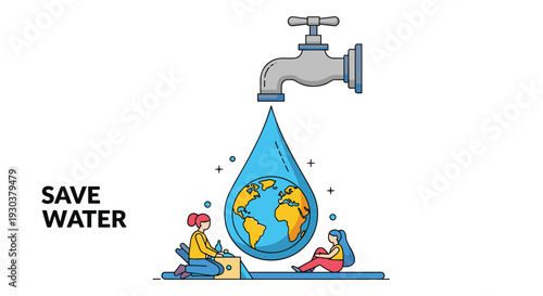 Save water illustration shows a large faucet dripping a droplet containing the earth, reminding us to conserve our planet's resources.