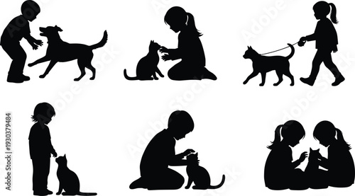 Children with pets silhouette collection isolated on white background, kids playing, petting and walking dog and cat concept illustration